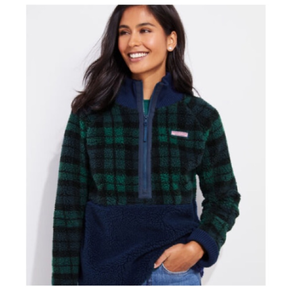 New Vineyard Vines Blackwatch Sherpa Half Zip Pullover